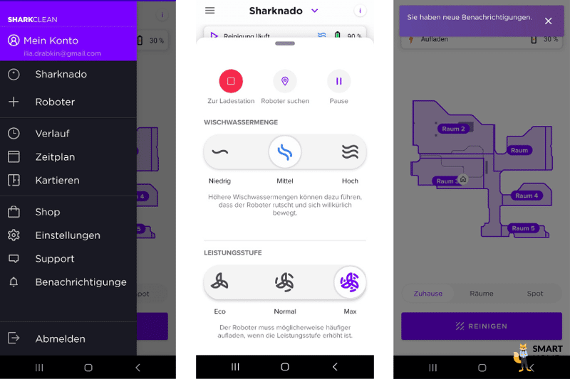 Sharkclean App Einstellungen sind zu sehen.